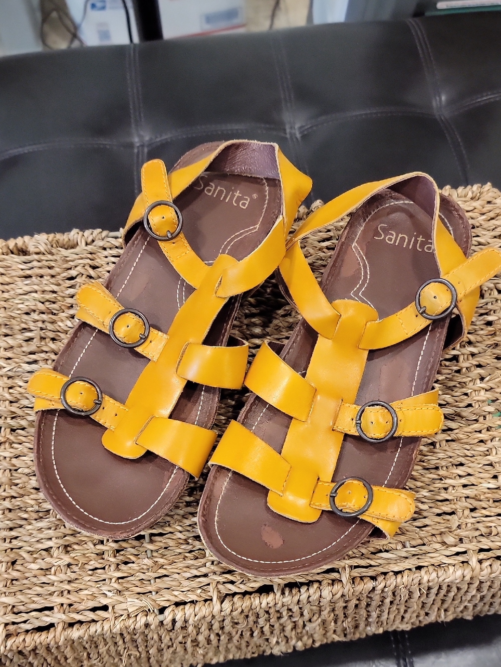 Sanita Yellow Leather Multi-Strap Buckle Sandals Size 38